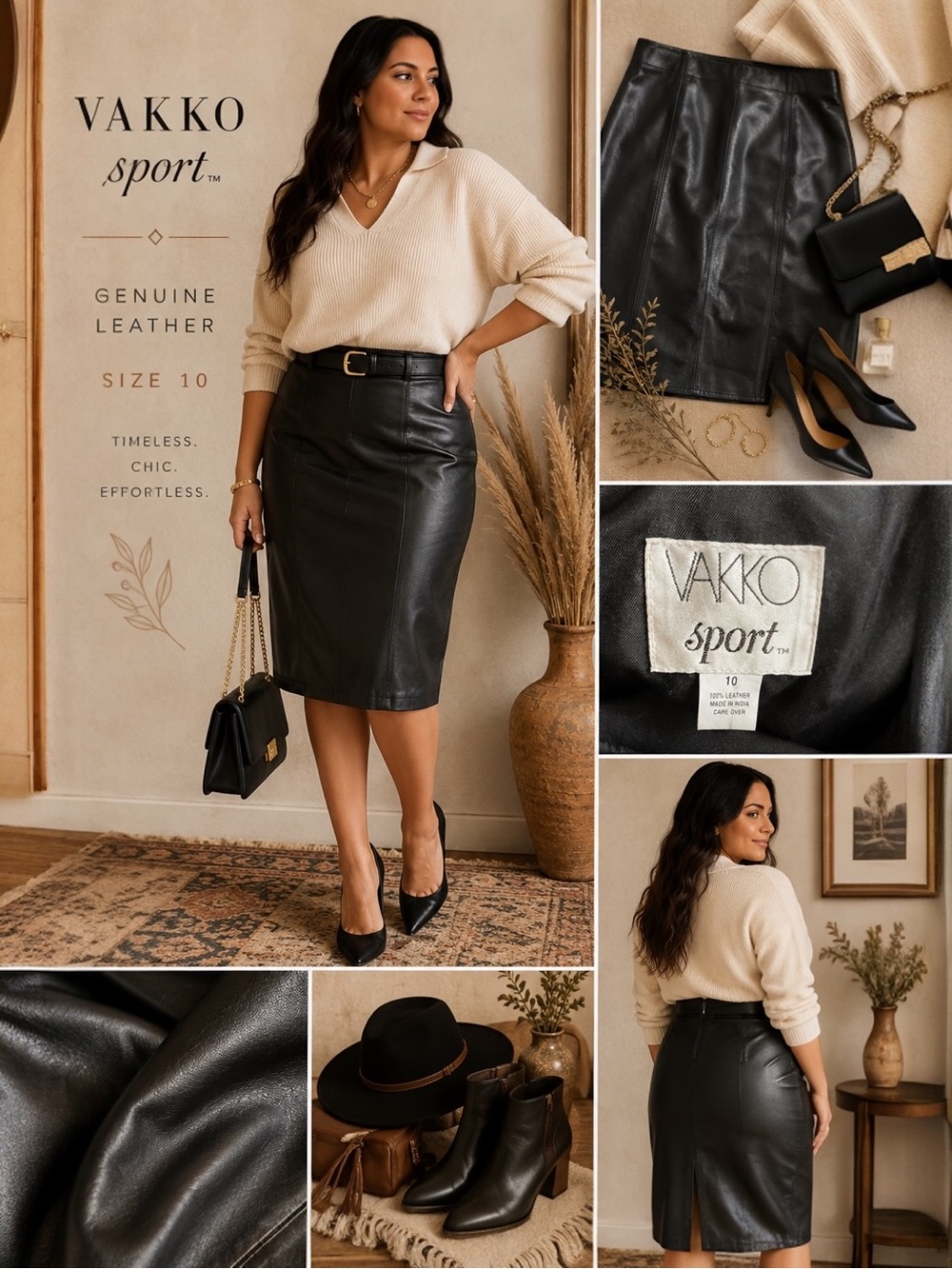 VAKKO Sport Black Genuine Leather Pencil Skirt Women’s Size 10 Lined Classic 90s